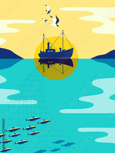Ship silhouette on calm ocean water. Fishermen boat, industrial vessel fishing for herring. Seagulls fly in sky. Pop art style. Flat simple minimal design. Nautical vintage poster. Vector illustration