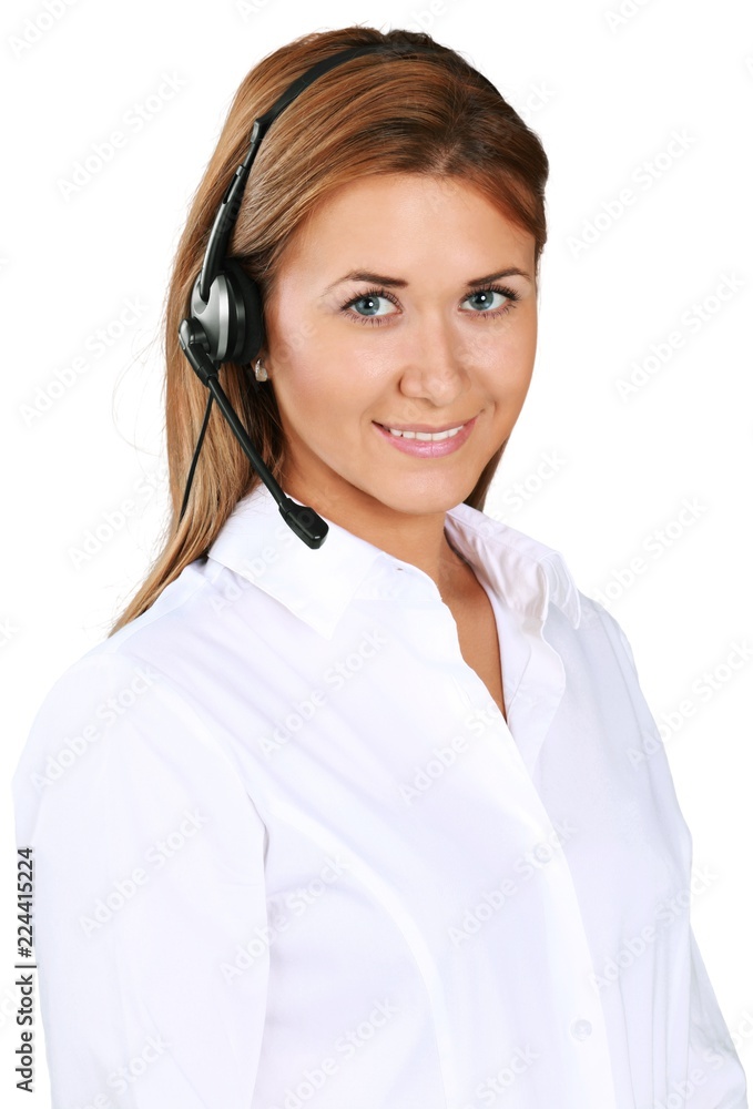 A customer service representative wearing a headset A customer service representative wearing a headset