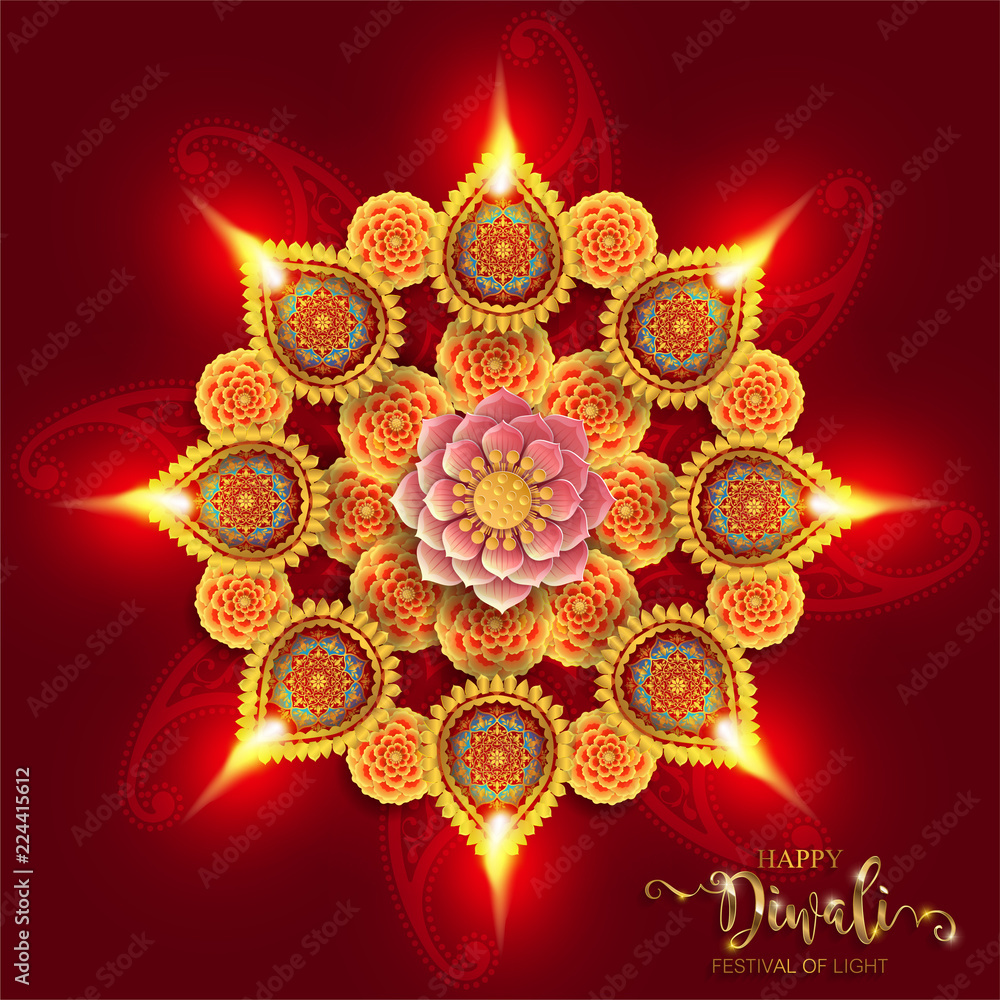 Happy Diwali festival card with gold diya patterned and crystals on paper color Background. Happy Diwali festival card with gold diya patterned and crystals on paper color Background.