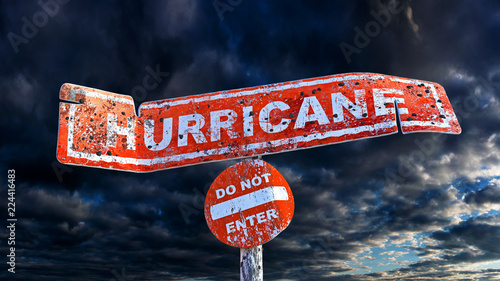3D rendering of horizontal damaged hurricane board on a pole with circular do not enter board on a various background and outlined path
