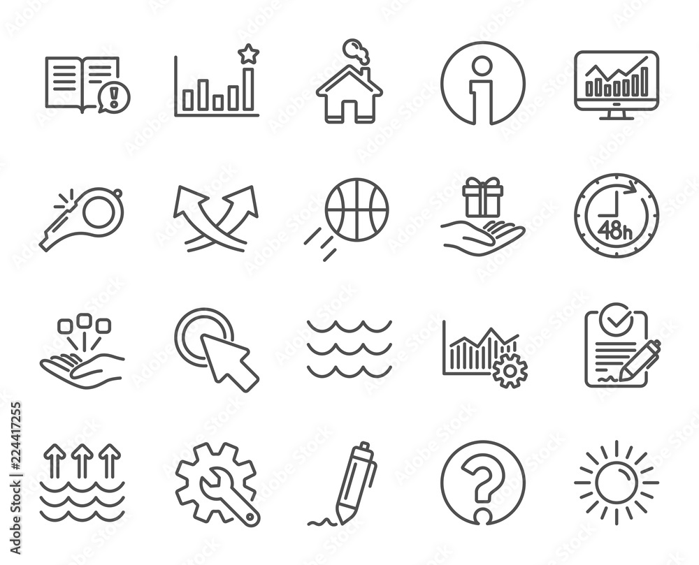 Whistle, Waves and Sun line icons. Customisation, Global warming and Question mark signs. Signature Rfp, Information and Efficacy symbols. Gift box, Consolidation and Operational excellence. Vector Whistle, Waves and Sun line icons. Customisation, Global warming and Question mark signs. Signature Rfp, Information and Efficacy symbols. Gift box, Consolidation and Operational excellence. Vector