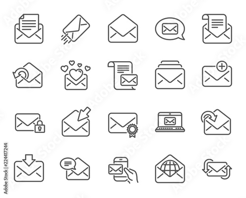 Mail messages line icons. Set of Newsletter, E-mail, Correspondence linear icons. Received mail, Secure message and Web letter symbols. Post office, Send email and Private communication signs. Vector