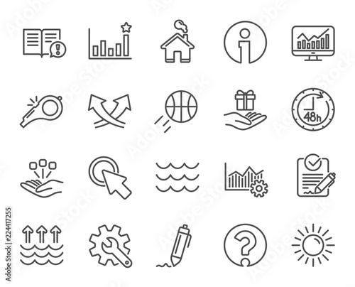 Whistle, Waves and Sun line icons. Customisation, Global warming and Question mark signs. Signature Rfp, Information and Efficacy symbols. Gift box, Consolidation and Operational excellence. Vector