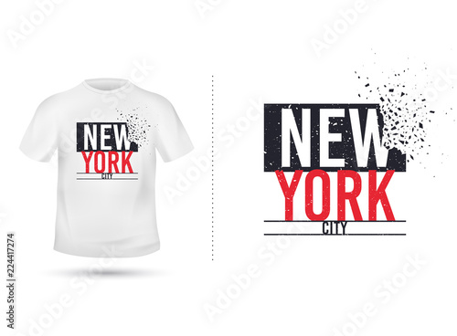 New york city slogan for T shirt printing design. Tee graphic design. New york concept. Tee-shirt print slogan with explosion of particles. Textile grunge graphic. NYC shirt template. Vector