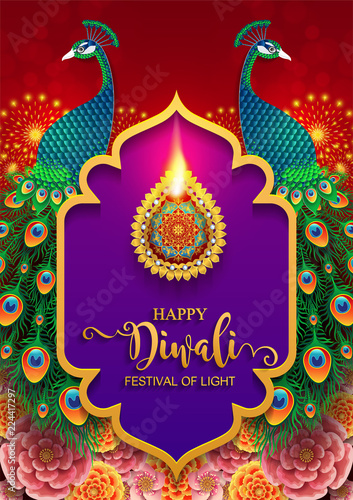 Happy Diwali festival card with gold diya patterned and crystals on paper color Background.