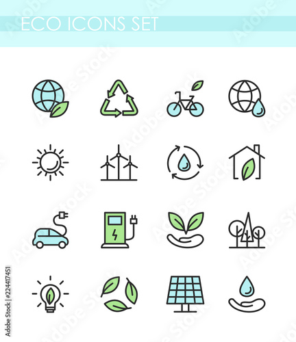 Vector illustration set of eco icons. Ecology concept, green technology, organic, healthy lifestyle, alternative energy, electrocar.