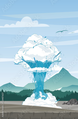 Leinwand Poster Vector illustration of geyser on mountains background