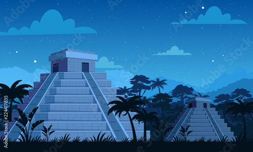 Vector illustration of ancient Mayan pyramids in night time with tropical plants, jungle and sky background in flat cartoon style.
