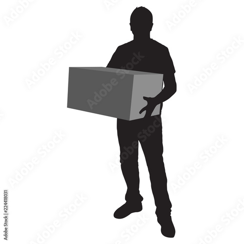 Silhouette of deliveryman carrying a box on white background