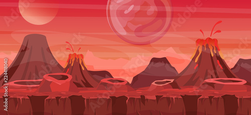 Vector illustration of beautiful alien landscape. Cool another world background for game design, alien planet in red colors in flat cartoon style.