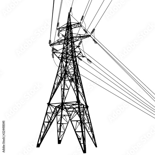 Silhouette of high voltage power lines on white background illustration