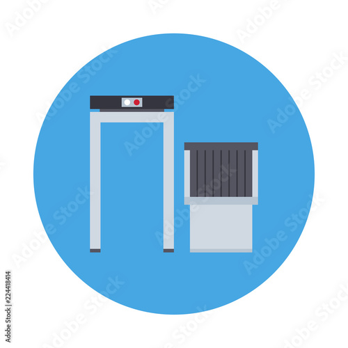 Airport security checkpoint flat icon isolated on blue background. Simple security screening process symbol in flat style. Aviation symbols Vector illustration for web and mobile design.