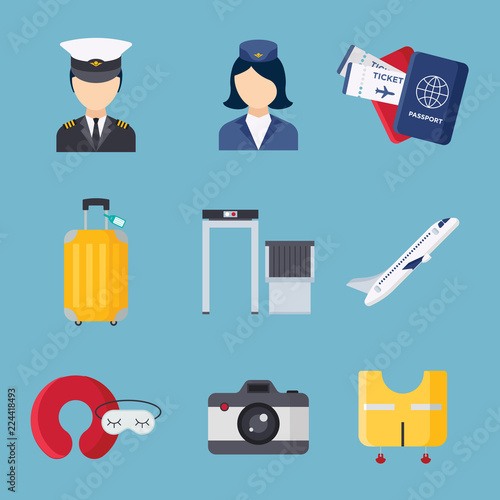 Set of Aviation and airport icons in flat style on white background. Collection of Stewardess, Pilot, Airplane, Passports, Suitcase, Life jacket, Camera, security checkpoint vector illustration
