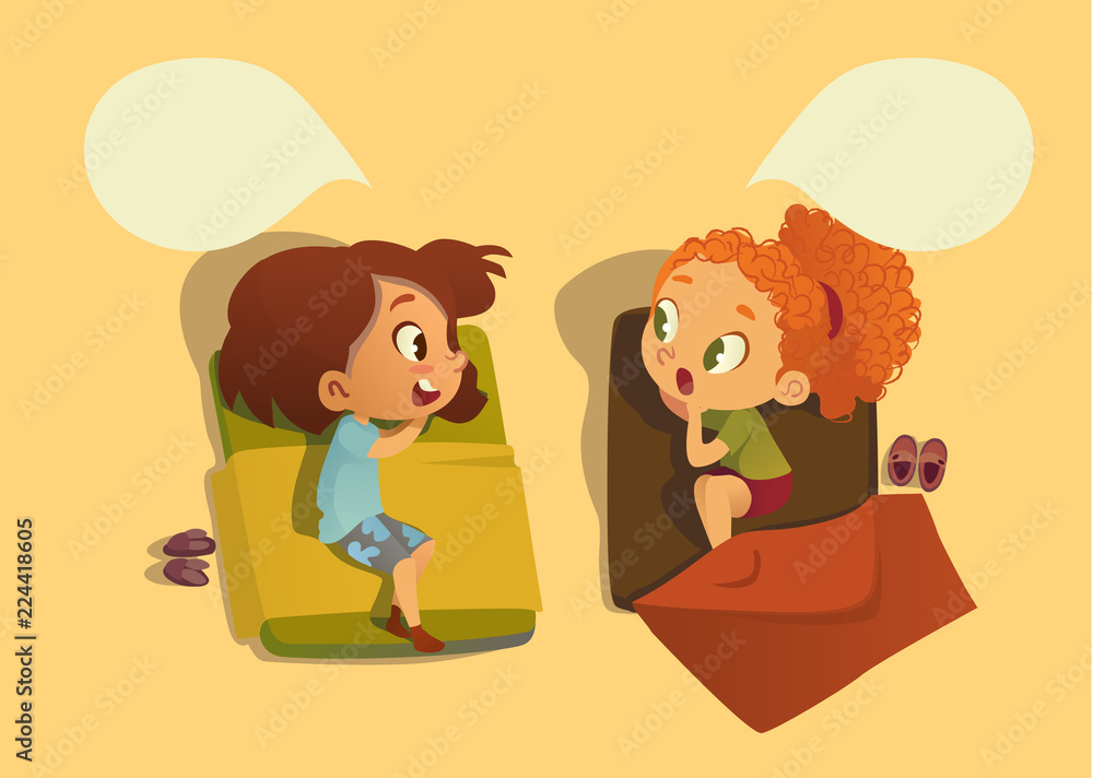 Two school girls talking to each other and gossipping duaring nap time in the bedroom. Speech bubble. Two girls telling secret to each other. on white background illustration