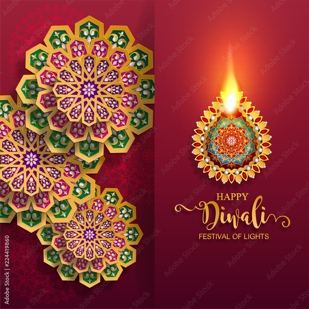 Happy Diwali festival card with gold diya patterned and crystals on paper color Background.