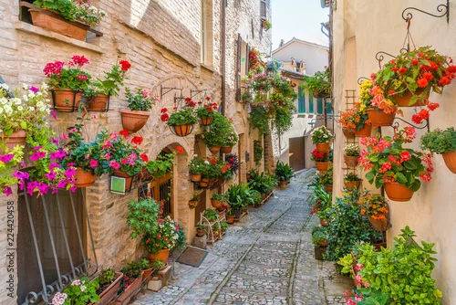 Obraz Malowniczy widok w Spello, kwiecista i malownicza wioska w Umbrii, w prowincji Perugia, Włochy.