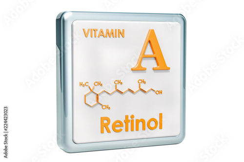 Vitamin A, retinol. Icon, chemical formula, molecular structure on white background. 3D rendering photo