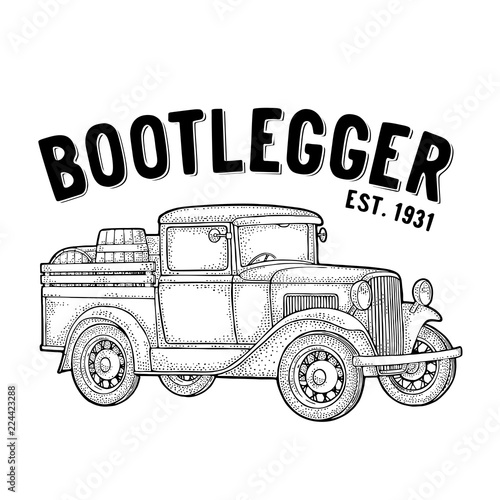 Retro pickup truck with wood barrel. Bootlegger lettering. Vintage engraving