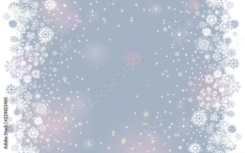 Falling snow border on a light tender silver grey background. Abstract winter lights blurry background for your Merry Christmas and Happy New Year design. Vector holiday illustration