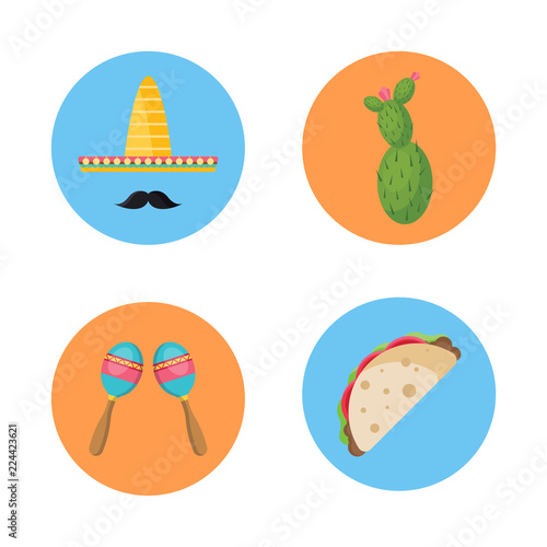 Set of Mexico icons in flat style isolated on blue and yellow background. Collection of Cactus, Sombrero, Mustache, Taco and Maracas vector illustration.