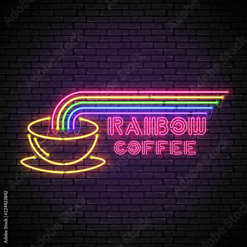 Shining and glowing rainbow neon coffee sign in with yellow coffee cup on brick wall. Bright coffee house sign, night advertisement logo, vector illustration.