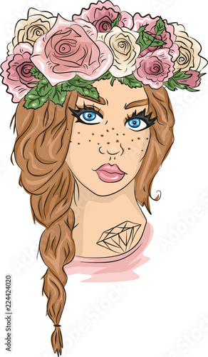 Beautiful girl with a wreath of roses on her head, a great illustration for an anniversary, Valentine's day, wedding, holiday, postcards, banner, decoration