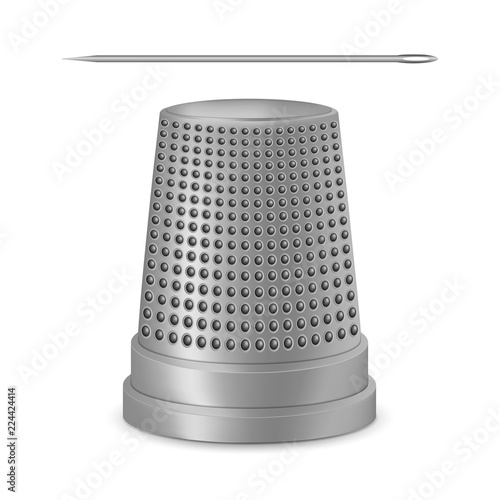 Creative vector illustration of needle, thimble isolated on transparent white background. Art design sewing tailor tools and accessories. Abstract concept graphic silver metal vintage element