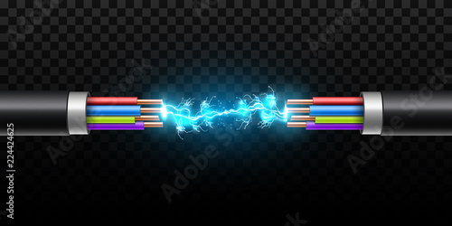 Creative vector illustration of electric glowing lightning between colored break cable, copper wires with circuit sparks isolated on transparent background. Art design. Abstract concept element