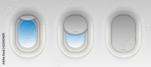 Creative vector illustration of flight airplane window, blank plane portholes isolated on transparent background. Art design aircraft open and closed illuminator. Abstract concept graphic element