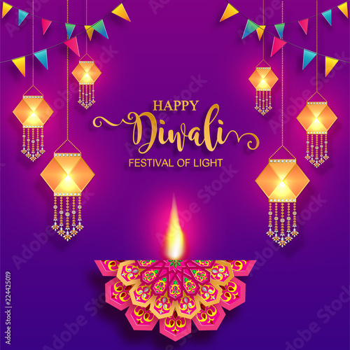 Happy Diwali festival card with gold diya patterned and crystals on paper color Background.