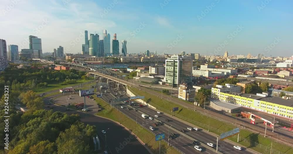 Moscow, Russia. Flight over Moscow - Skyscrapers of Moscow, highway and railway. Aerial flights. UltraHD 4K Moscow, Russia. Flight over Moscow - Skyscrapers of Moscow, highway and railway. Aerial flights. UltraHD 4K