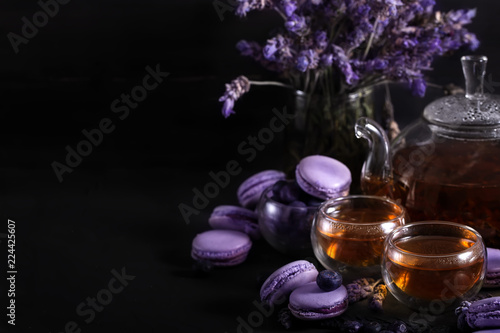 Lavander tea with macarons background