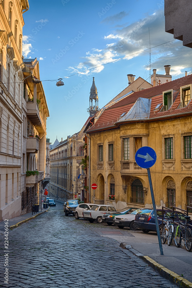 Donáti stone-paved street with historic houses in Budapest downtown