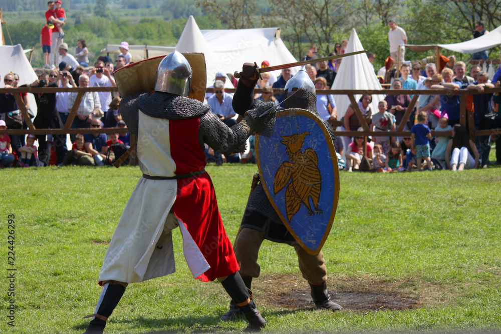 Knights fighting on tournament in Czersk castle, south of Warsaw, Mazovia, Poland