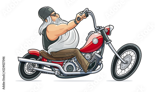 Biker ride at motorcycle. Cartoon character. Man drive bike.