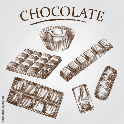 Set of hand drawn chocolate isolated on white background. Chocolate sketch elements. Retro hand-drawn vector illustration. Great for poster, banner, voucher, coupon.