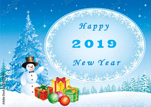 2019 Happy New Year. New Year banner with a Christmas tree,  snowman and gifts
