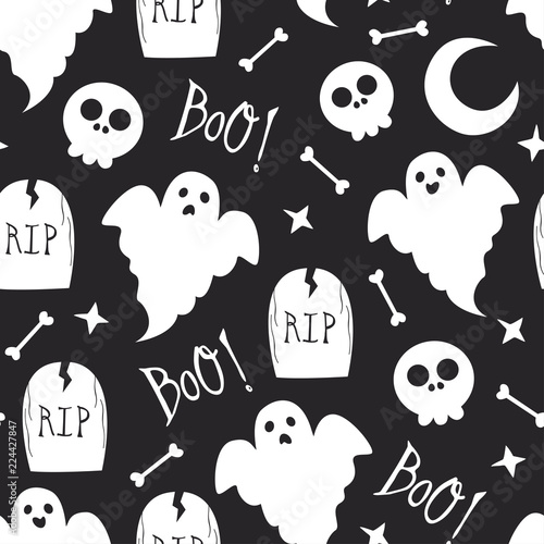 black seamless Halloween pattern with skull and ghost  - vector illustration, eps