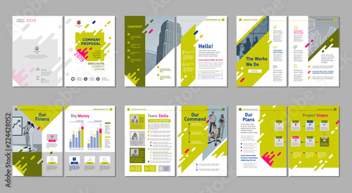 Brochure creative design. Multipurpose template with cover, back and inside pages. Trendy minimalist flat geometric design. Vertical a4 format.