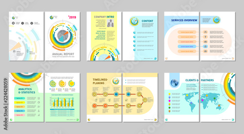 Brochure creative design. Multipurpose template with cover, back and inside pages. Trendy minimalist flat geometric design. Vertical a4 format.
