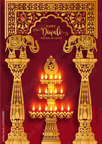 Happy Diwali festival card with gold diya patterned and crystals on paper color Background.