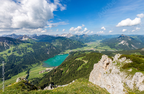 Panoramic view on Haldensee and the valley of Tannheim from Schartschrofen in the austrian Alps