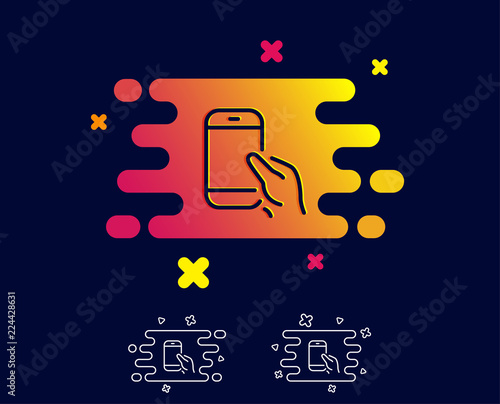 Hold Smartphone icon. Give Cellphone or Phone sign. Ð¡ommunication Mobile device symbol. Gradient banner with line icon. Abstract shape. Vector