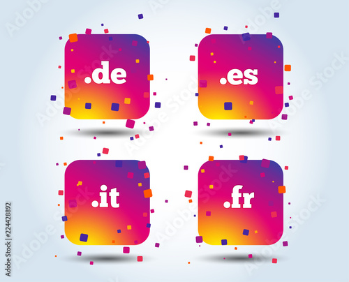 Top-level internet domain icons. De, It, Es and Fr symbols. Unique national DNS names. Colour gradient square buttons. Flat design concept. Vector