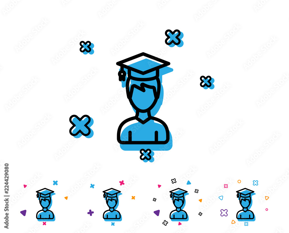 Man in Graduation cap line icon. Education sign. Student hat symbol. Line icon with geometric elements. Bright colourful design. Vector Man in Graduation cap line icon. Education sign. Student hat symbol. Line icon with geometric elements. Bright colourful design. Vector