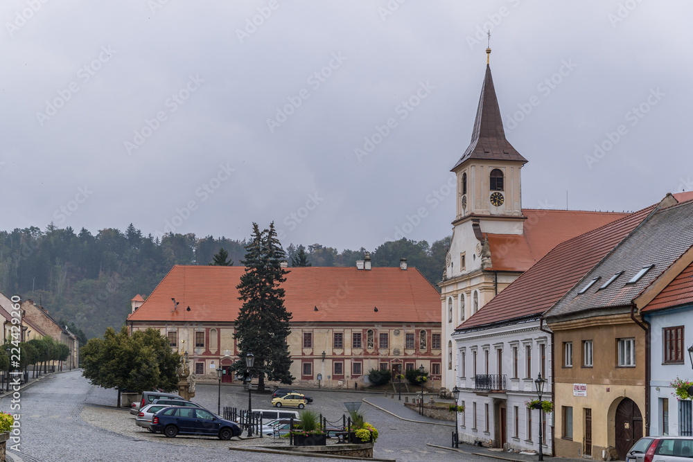 City square in Namest nad Oslavou is a town in the Vyso_ina Region of the Czech Republic. The city is famous for the Little Charles Bridge, which is a smaller replica of the Charles Bridge in Prague.