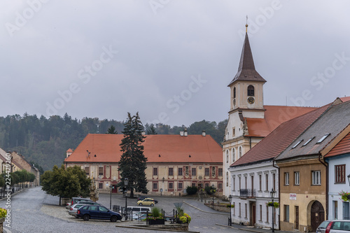 City square in Namest nad Oslavou is a town in the Vyso_ina Region of the Czech Republic. The city is famous for the Little Charles Bridge, which is a smaller replica of the Charles Bridge in Prague.