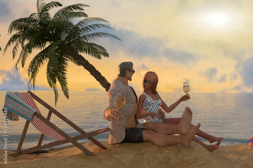 Couple in love by the sea as a symbol of rest and travel 3d render, cartoon character