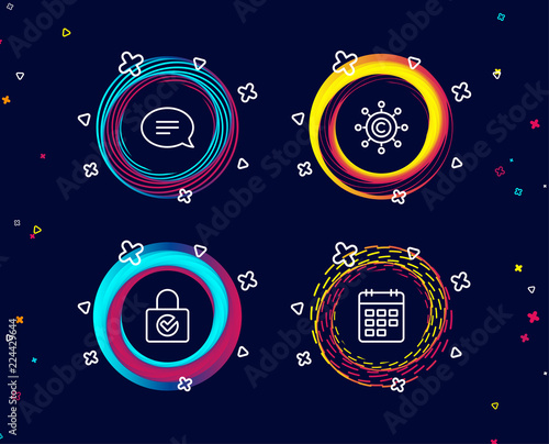 Set of Chat, Copywriting network and Password encryption icons. Calendar sign. Speech bubble, Content networking, Protection locker. Event reminder.  Circle banners with line icons. Vector