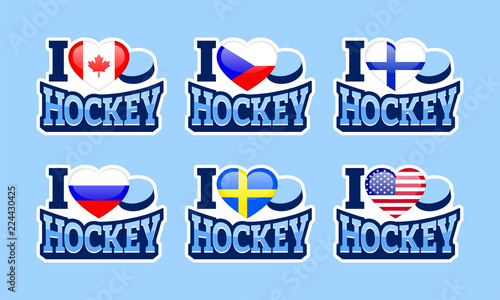 I love hockey vector sticker. Canada, Czech Republic, Finland, Russia, Sweden, USA national flags. Sport cards. Ice Hockey Big Six national teams. Winter sport illustration for fancier clothes prints.